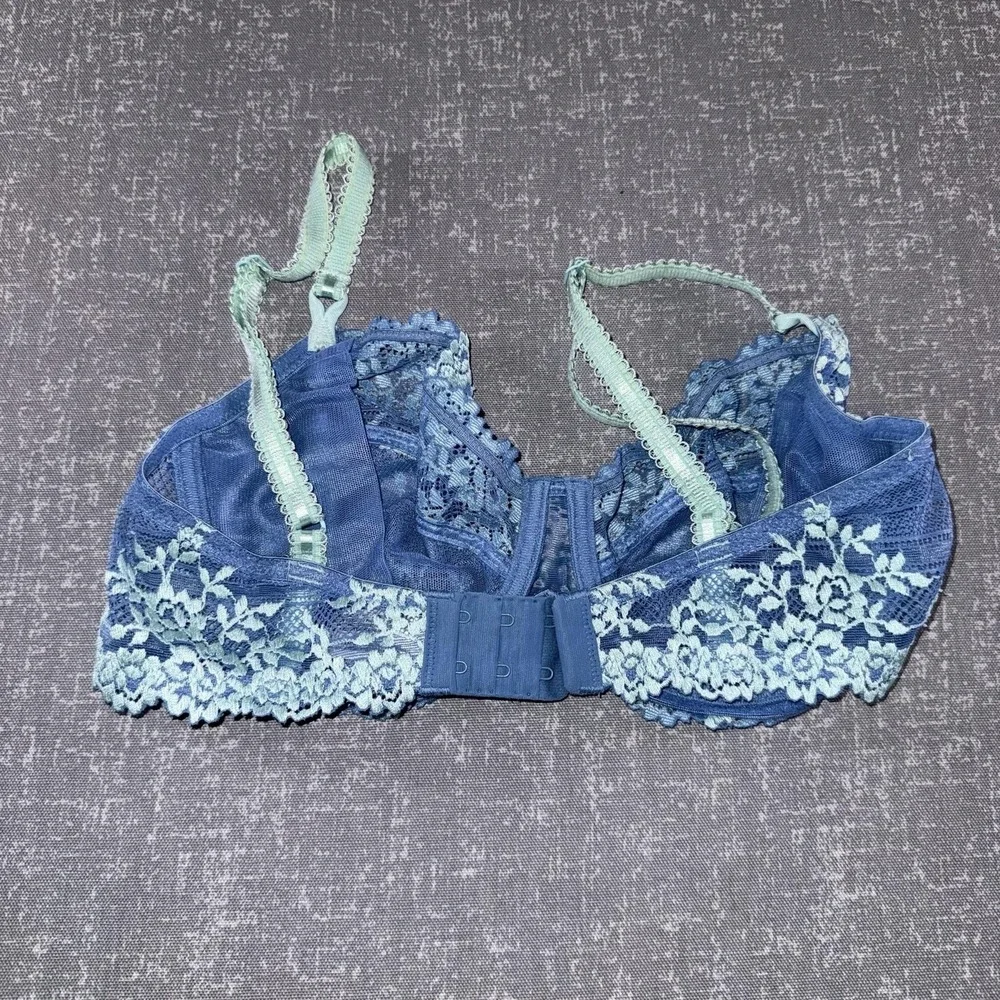 Wacoal Bra Womens 34D Blue Lace Balconette Underwire Unlined Sheer Floral 65191
